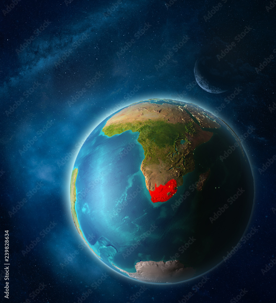 South Africa from space on planet Earth in space with Moon and Milky Way. Extremely fine detail of planet surface. South Africa from space on planet Earth in space with Moon and Milky Way. Extremely fine detail of planet surface.