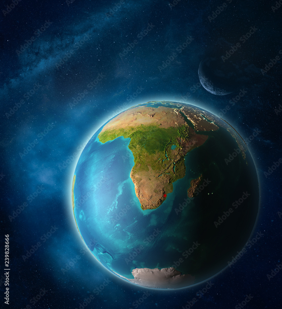eSwatini from space on planet Earth in space with Moon and Milky Way. Extremely fine detail of planet surface. eSwatini from space on planet Earth in space with Moon and Milky Way. Extremely fine detail of planet surface.