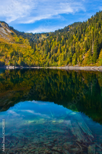 Mountains  green spruce trees and deciduous trees are reflected in the clear water of a mountain lake. Autumn 