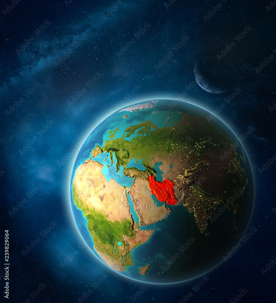 Fototapeta premium Iran from space on planet Earth in space with Moon and Milky Way. Extremely fine detail of planet surface.