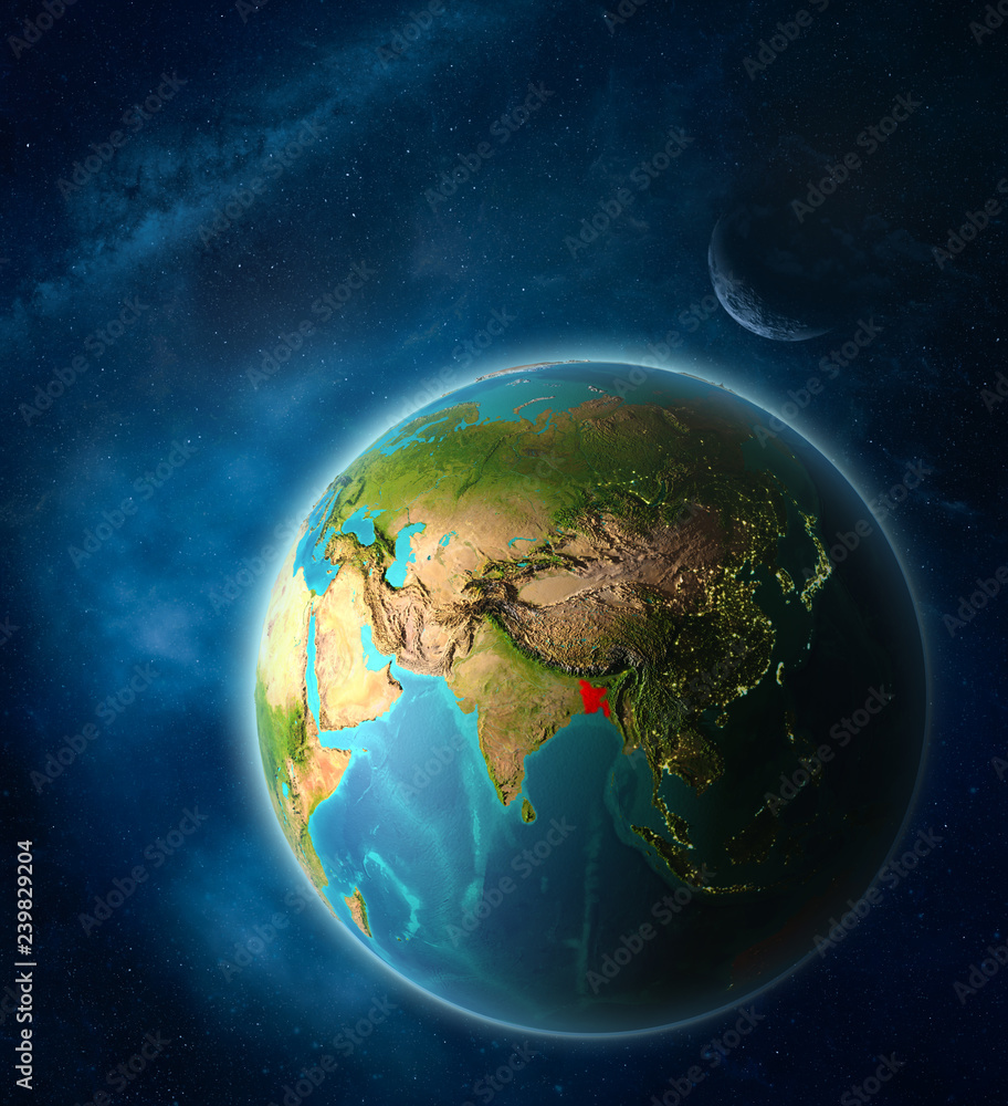 Fototapeta premium Bangladesh from space on planet Earth in space with Moon and Milky Way. Extremely fine detail of planet surface.