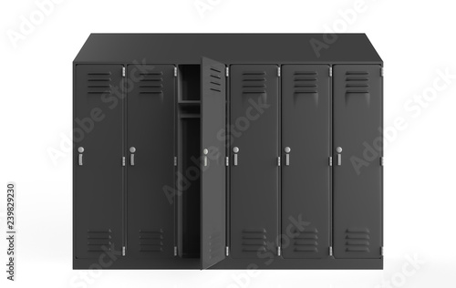 metal cabinets. Lockers in school or gym with silver handles and locks. Safe box with doors, cupboard, compartment. 3d illustration 