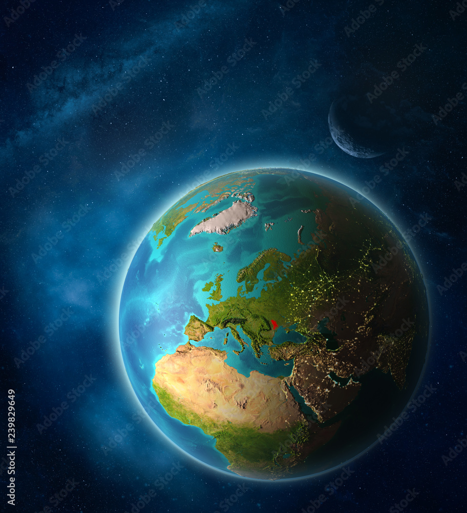 Moldova from space on planet Earth in space with Moon and Milky Way. Extremely fine detail of planet surface. Moldova from space on planet Earth in space with Moon and Milky Way. Extremely fine detail of planet surface.