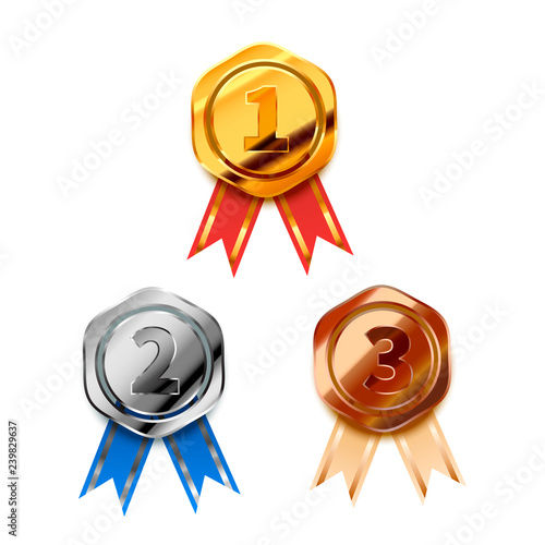 Set of bright golden, silver and bronze winner awards with tapes for first, second and third places, glossy badges on white