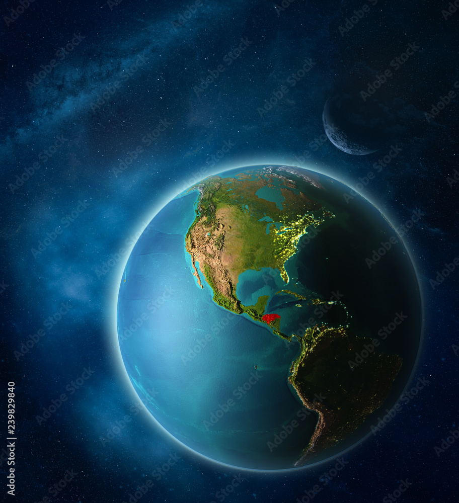 Honduras from space on planet Earth in space with Moon and Milky Way. Extremely fine detail of planet surface. Honduras from space on planet Earth in space with Moon and Milky Way. Extremely fine detail of planet surface.