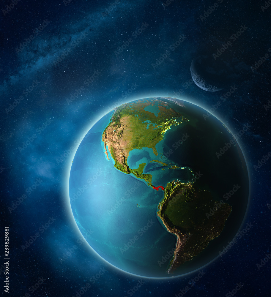 Panama from space on planet Earth in space with Moon and Milky Way. Extremely fine detail of planet surface. Panama from space on planet Earth in space with Moon and Milky Way. Extremely fine detail of planet surface.
