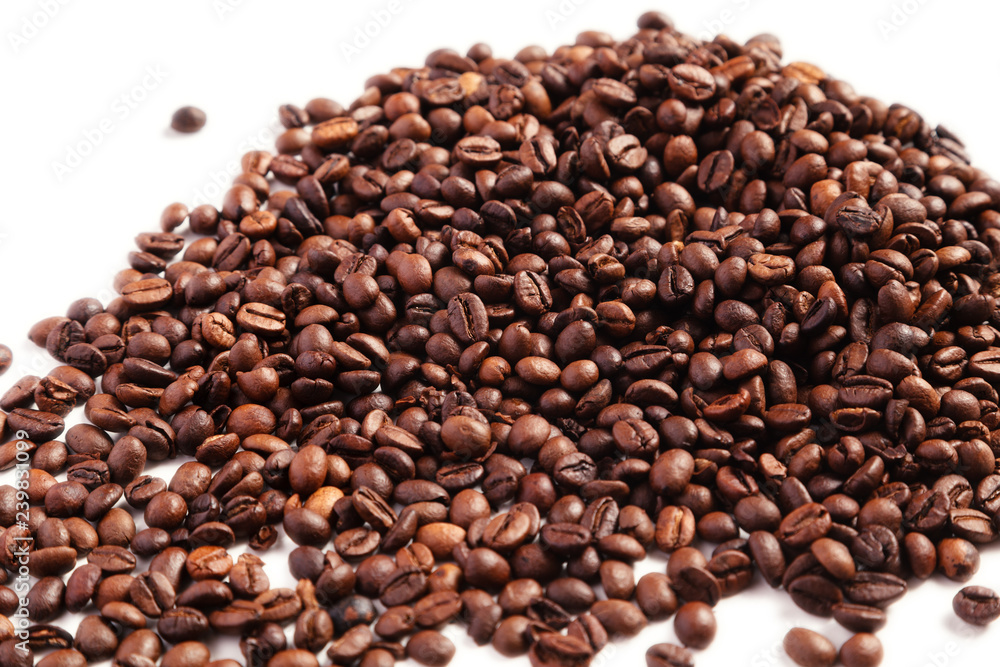 Roasted coffee beans on white background, isolated Roasted coffee beans on white background, isolated