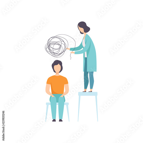 Man suffering from mental disorder, psychiatrist treating patients on behavioral or mental health problems vector Illustration