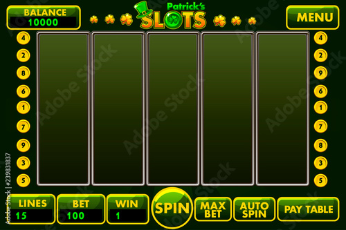 Vector Interface slot machine style St.Patrick's in green colored. Complete menu of graphical user interface and full set of buttons for classic casino games creation.
