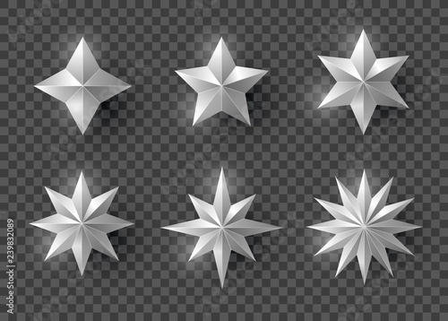 Set of stars and flowers with shadow on transparent background. New year and Christmas design elements  vector illustration.