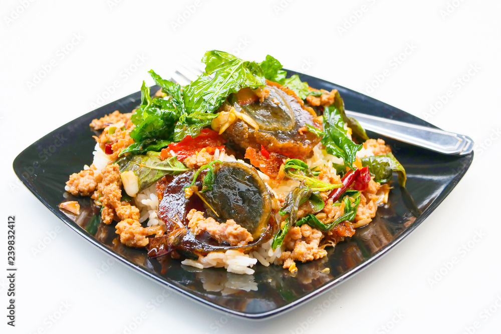 Basil leave with minced pork and fried preserved egg Basil leave with minced pork and fried preserved egg