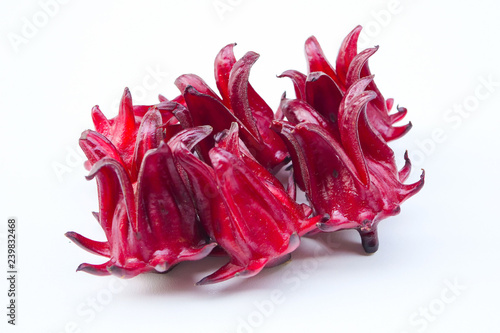 Roselle red fruit flower on white background.