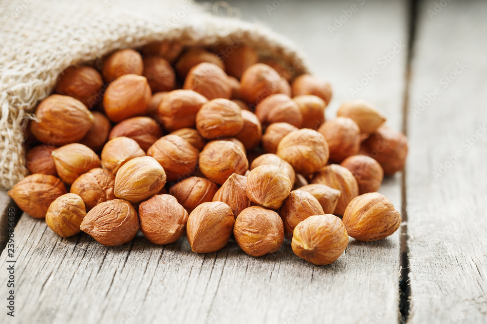 Chiselled hazelnuts in a bag of burlap on a gray wooden table. Organic Fresh Harvested Chiselled hazelnuts in a bag of burlap on a gray wooden table. Organic Fresh Harvested