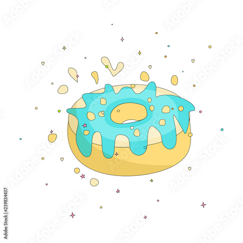 Sweet yellow donut cartoon icon with colorful decoration. Vector icon cartooning tasty donut with hole. Sweet yellow round donute with decoration on white background. photo