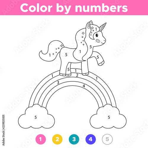 Number educational coloring page for preschool kids. Cute unicorn on the rainbow. Vector illustration.