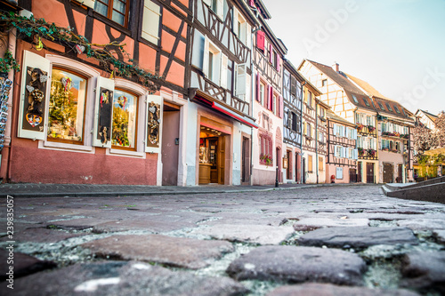 Low perspective of cobblestone street in historic city of Strasbourg France