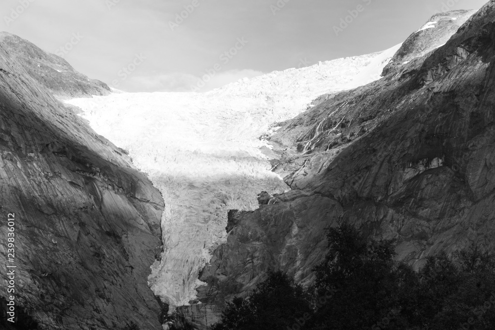 View from the glacier Briksdalsbreen one of the most accessible and best known arms of the Jostedalsbreen glacier. Briksdalsbreen is located in the municipality of Stryn in Sogn og Fjordane county. 
