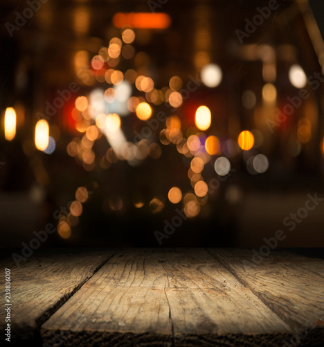 Empty wooden table with Blur Background, for your photo montage. Space for placing items on the table, Mock up for display of product.
