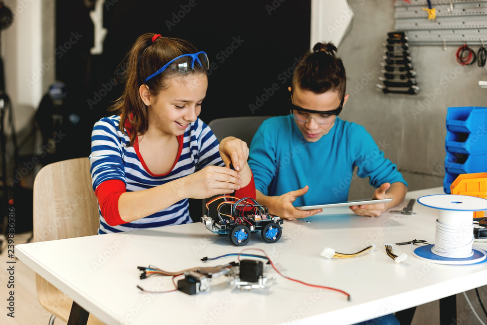 Fototapeta premium brother and sister working on school project together