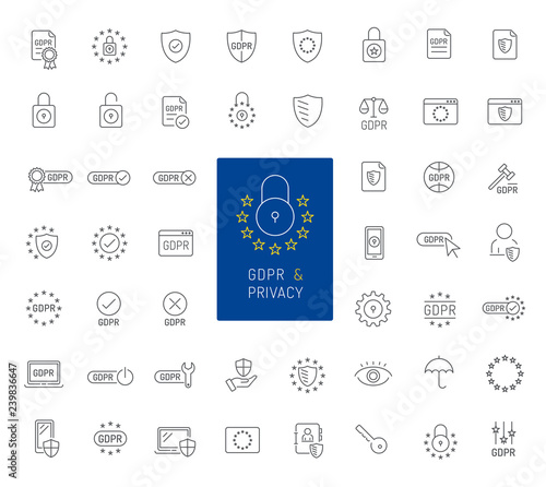 50 GDPR and privacy thin line icons