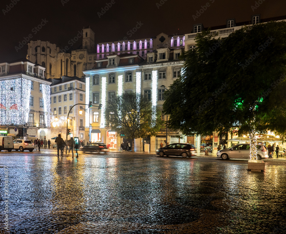 Lisbon - Portugal: the carmo convent dating back to 1389 on Rossio Square, in the Baixa district at night