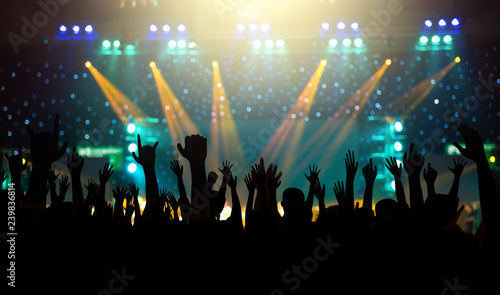 Party Background - Crowd People Enjoying in DJ Concert with Confetti Lighting and Laser