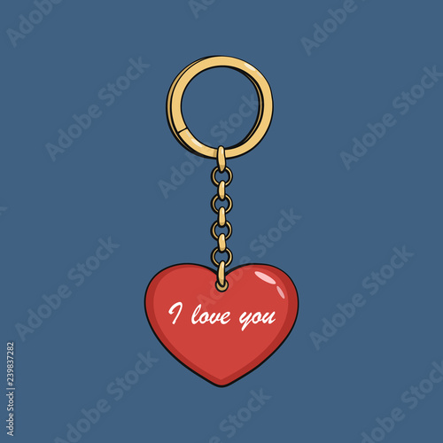Cartoon gold keychain with red heart. I love you.