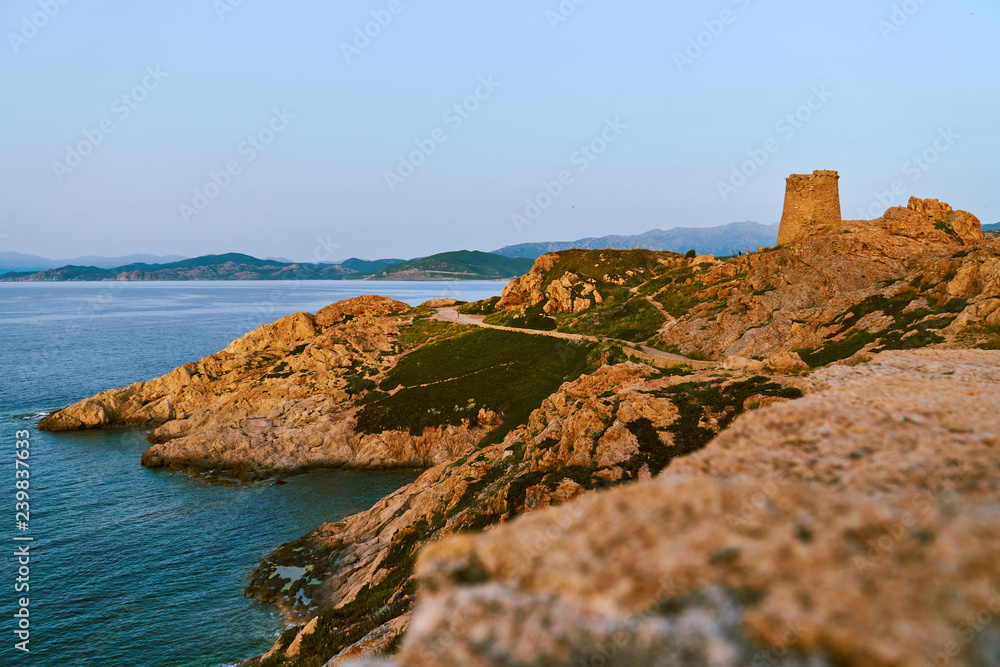Golden rocks in Ille Rouse near lighthouse Pietra during sunset in Corsica
