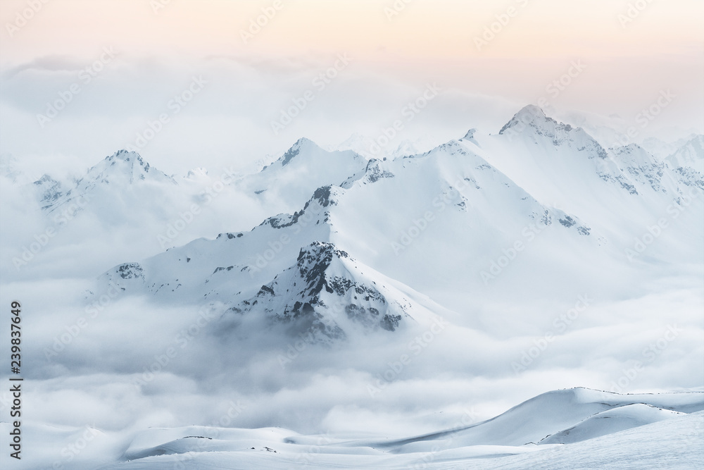 Snow covered mountain peaks of the Caucasus