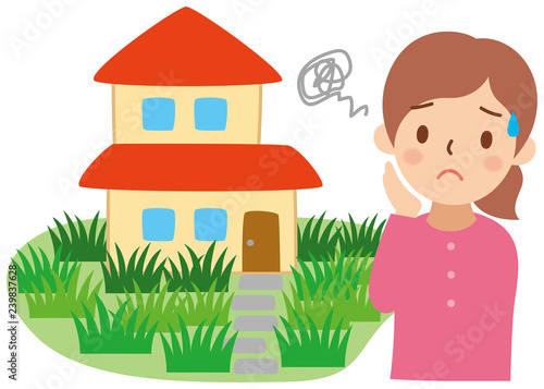 雑草だらけの家と困る女性