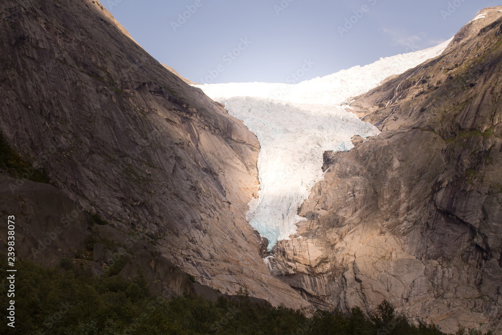 View from the glacier Briksdalsbreen one of the most accessible and best known arms of the Jostedalsbreen glacier. Briksdalsbreen is located in the municipality of Stryn in Sogn og Fjordane county. 