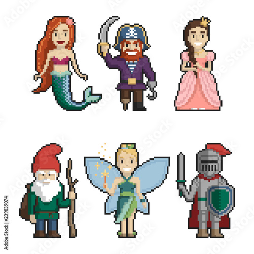 Set of fairy-tale characters pixel art on white background. Vector illustration.