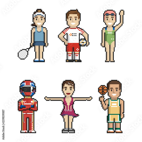 Set of athletes pixel art on white background. Vector illustration.