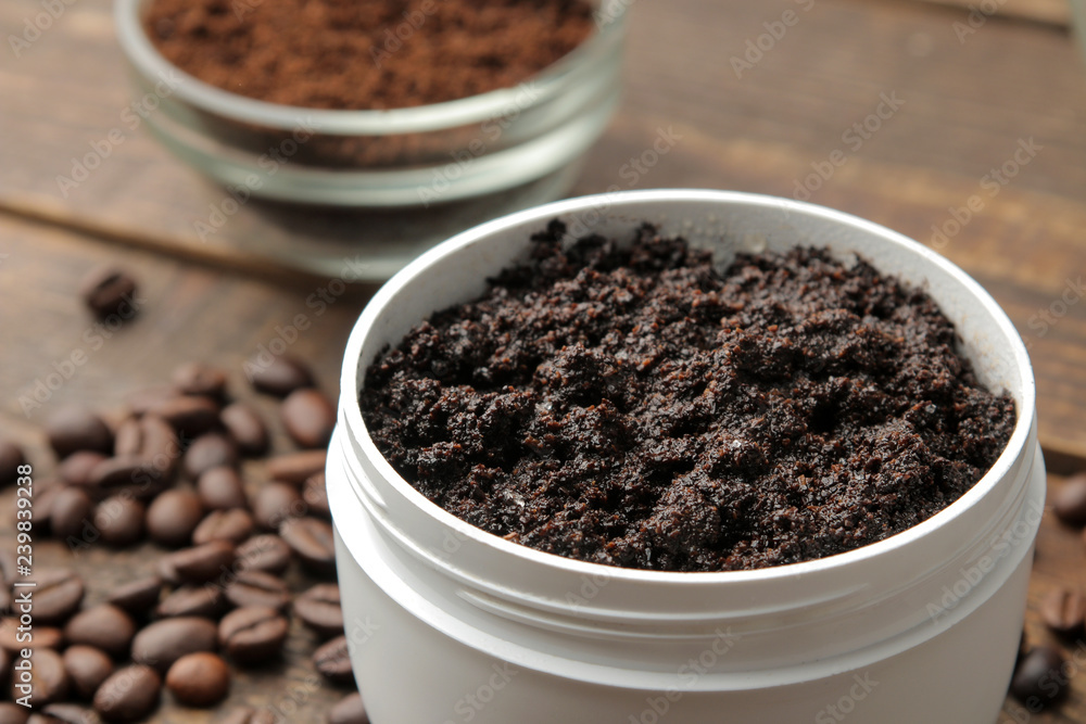 homemade coffee scrub in a white jar for the face and body and various ingredients for making scrub. spa. cosmetics. care cosmetics homemade coffee scrub in a white jar for the face and body and various ingredients for making scrub. spa. cosmetics. care cosmetics