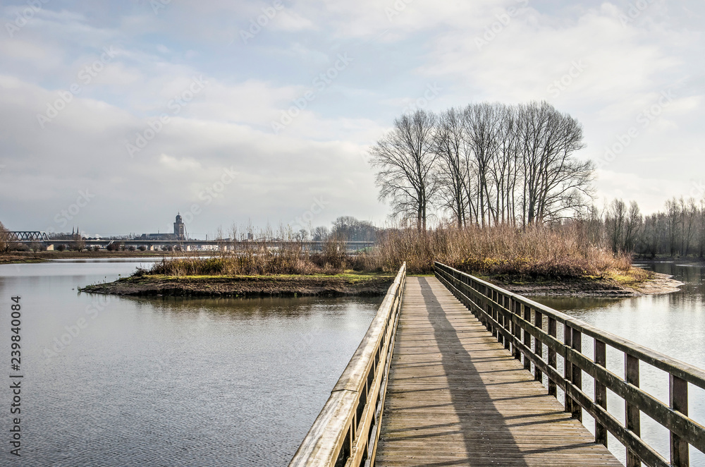 Standing on a wooden pedestrian bridge in the Ossenwaard nature reserve near Deventer, the Netherlands with the city's skyline in the distance