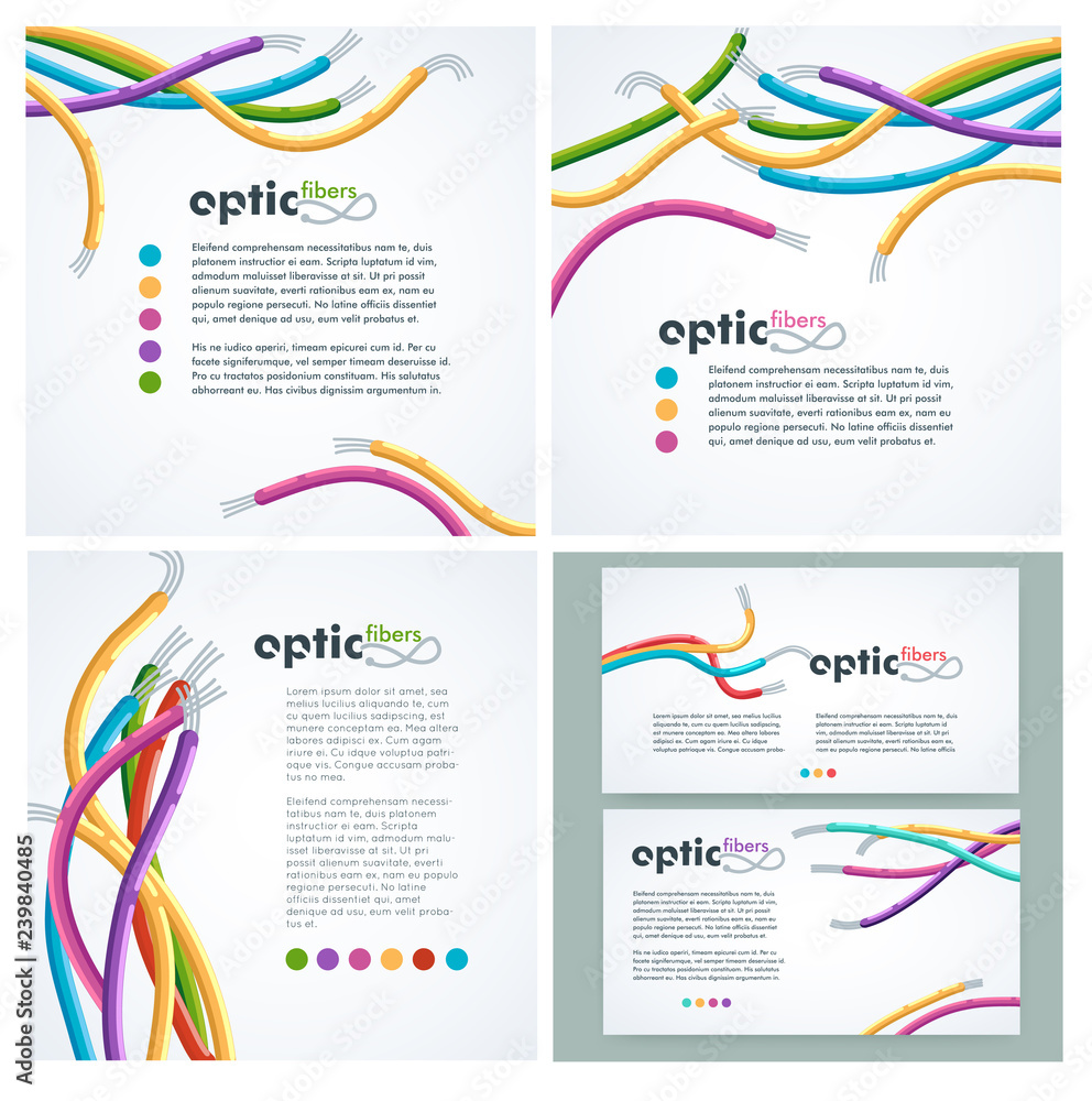 Colorful network optic fiber cables banners or flyers set