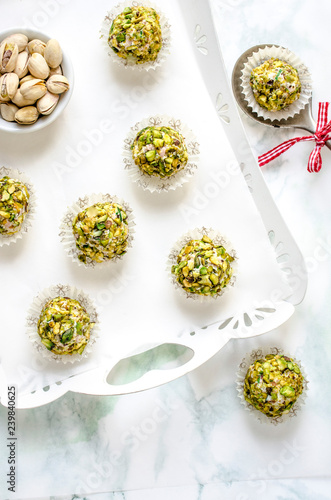 Savory pistachio, ricotta and  mortadella trufles photo