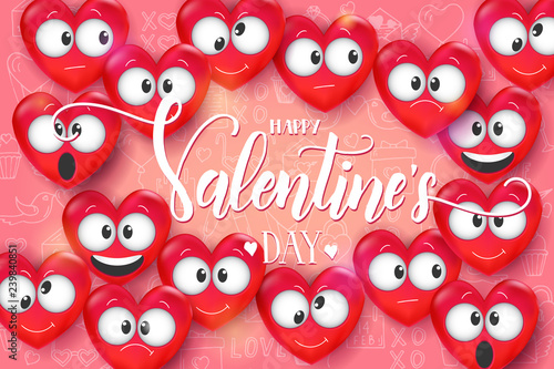 Valentines day background with 3d Love Emoji on pink pattern with hand drawn love line art symbols. Heart funny collection. Hand made Lettering - Happy Valentine's Day. Vector. 