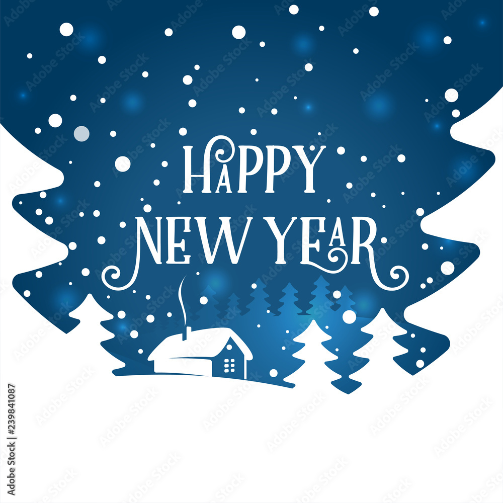 Happy New Year background. Vector illustration. Happy New Year text design. Vector greeting Typographical illustration with winter landscape, snowflakes, light, house.  - obrazy, fototapety, plakaty 