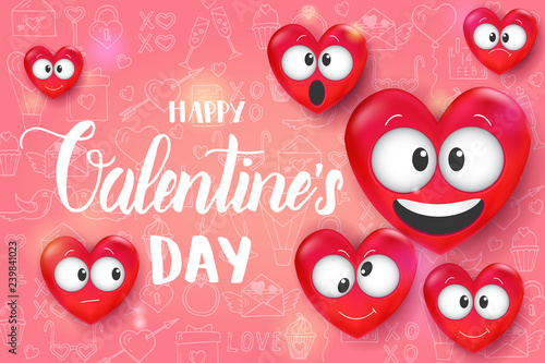 Valentines day background with 3d Love Emoji on pink pattern with hand drawn love line art symbols. Heart funny collection. Hand made Lettering - Happy Valentine's Day. Vector. 