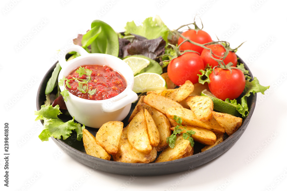 french fries, tomato sauce and salad french fries, tomato sauce and salad