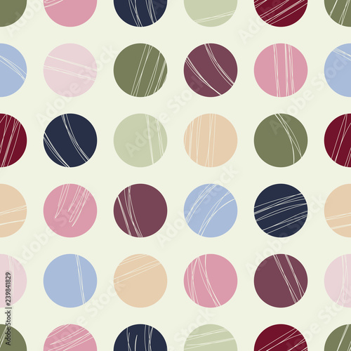 Circles with lines geometric seamless pattern in pink, green, blue, yellow & red
