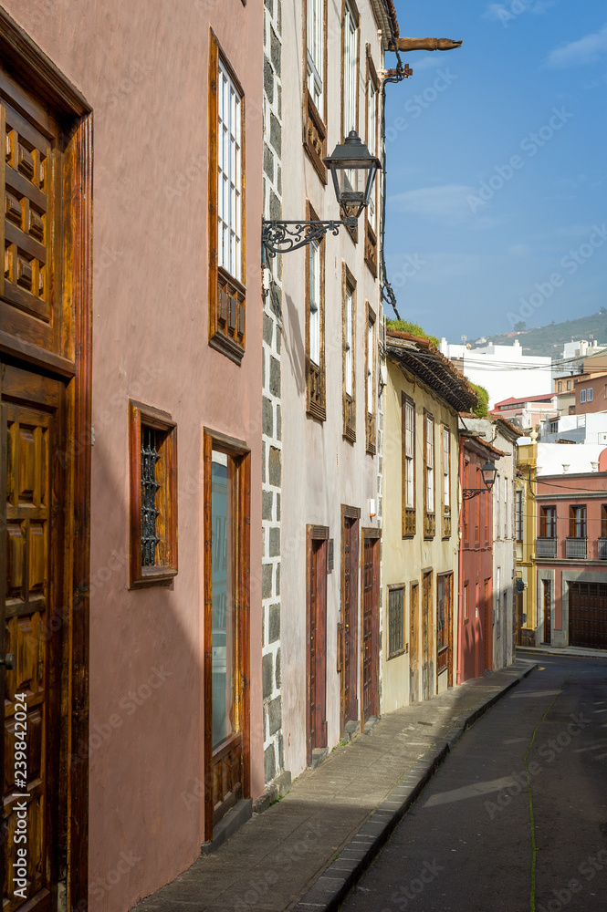 Vertical photo of colorful old style houses of Tenerife