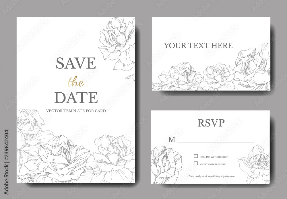 Vector Rose flowers. Wedding background card floral border. Thank you, rsvp, invitation elegant card. Engraved ink art.
