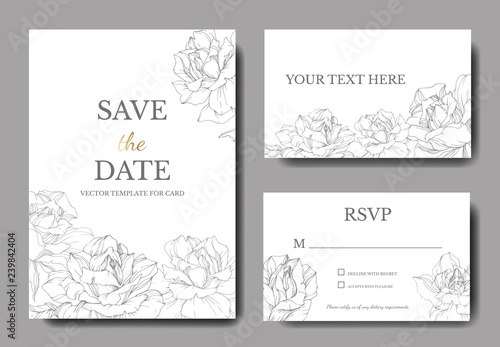 Vector Rose flowers. Wedding background card floral border. Thank you  rsvp  invitation elegant card. Engraved ink art.