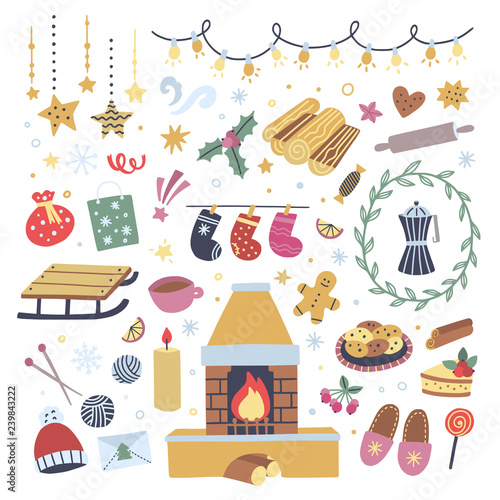 Fireplace, sweet food, coffee, interior decorations on white background. Lovely vector illustrations for winter holidays