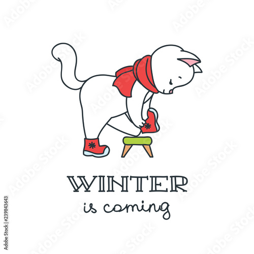 Winter is coming. Illustration of cute white cat putting on warm winter boots. Isolated on white background. Vector 8 EPS.