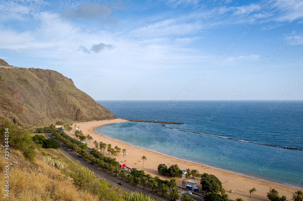Tenerife island famous Teresitas sand beach earial view. Canary islands, Spain