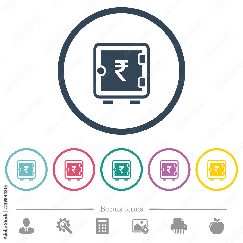Indian Rupee strong box flat color icons in round outlines