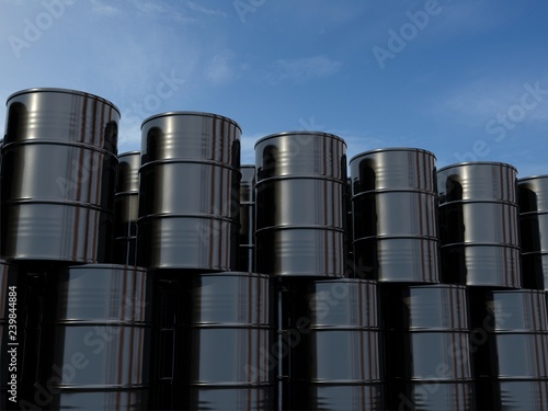 Oil barrels isolated on blue sky. 3d illustration. Arranged in a row.